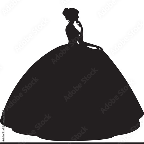 Silhouette of a Woman in an Elegant Ball Gown and Victorian Style Dress