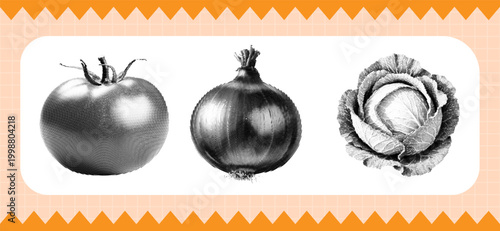 Foto Halftone vintage engraving style illustration of a tomato, an onion, and a head