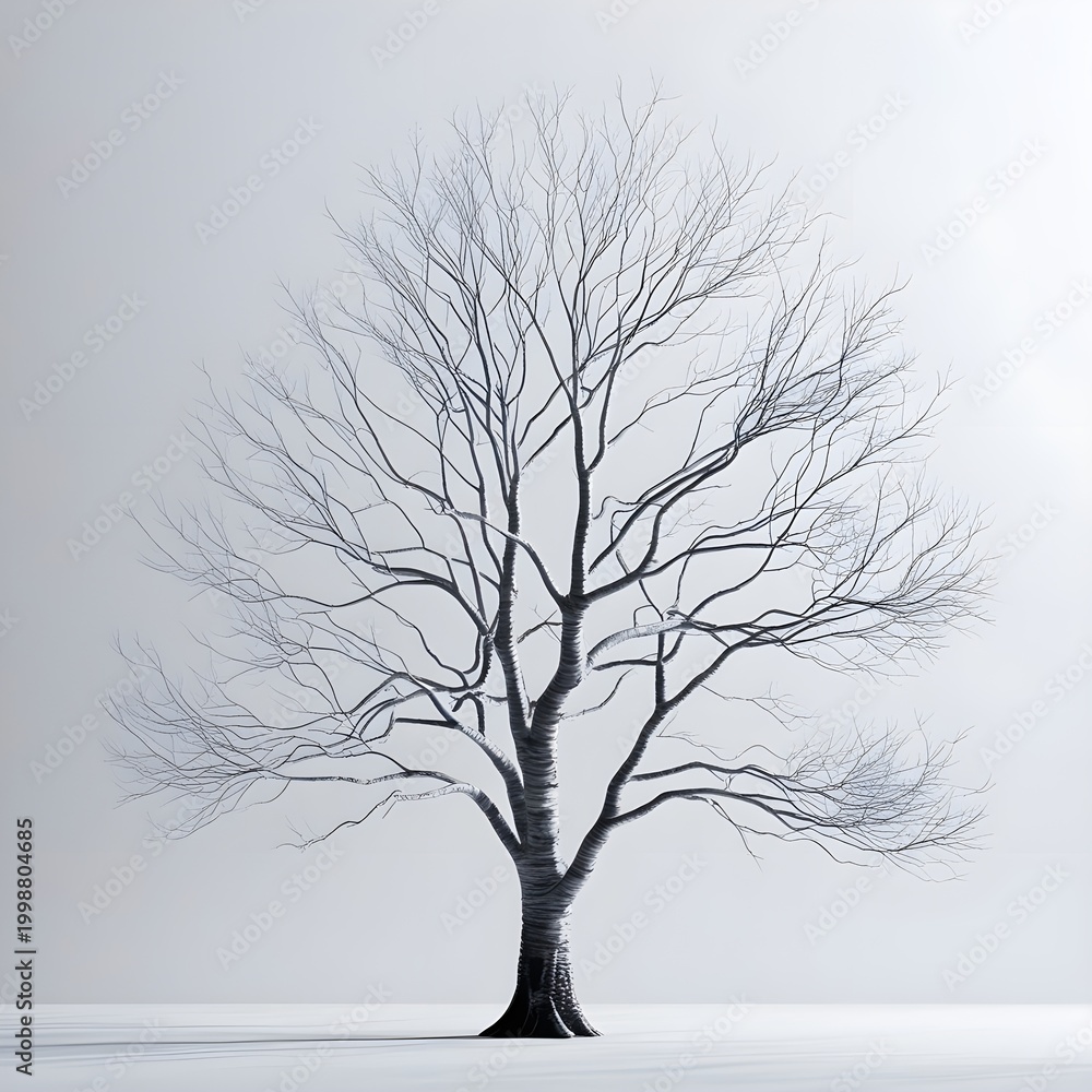 Obraz premium Bare Tree Branches Minimal Line Art Black on White Calm Nature Illustration