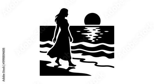 Minimalist beach sunset silhouette, woman walking on ocean shore vector, black and white coastal landscape illustration, serene sea waves and sun icon