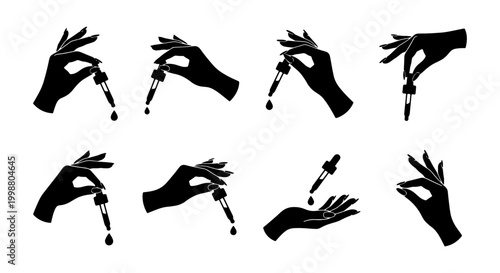 Minimalist hand holding dropper silhouettes, set of 8 black vector icons for skincare and beauty branding, elegant feminine hands with pipette