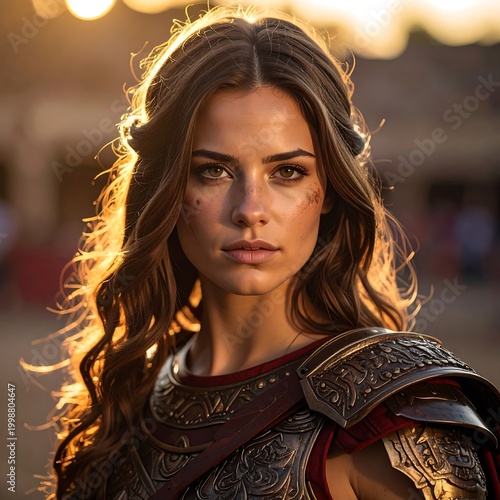 Portrait of a woman with long wavy hair, in ornate armor, bathed in golden sunlight. The background is slightly blurred