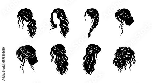 Elegant female hairstyles collection, set of 8 black vector hair silhouettes, feminine bridal braids and wavy updos for beauty salon branding
