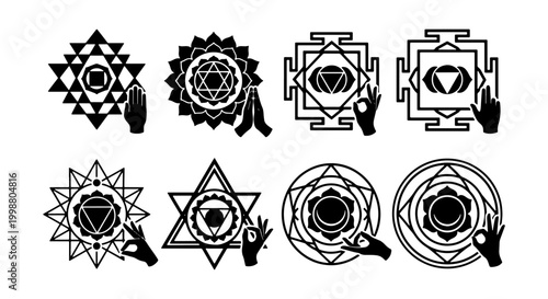 Sacred geometry chakra symbols with mudra hand gestures, spiritual mandala icons set, black esoteric yoga vector illustrations for meditation