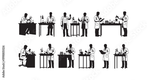Set of scientists in laboratory conducting chemical research experiments with glass test tubes and flasks in black silhouette.