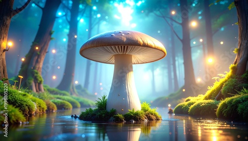 Enchanted Giant Mushroom in Mystical Forest with Magical River and Fantasy Lighting