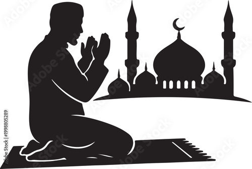 Muslim Man Sitting on Prayer Mat with Mosque Vector, Islamic Dua Silhouette for Ramadan and Eid Design