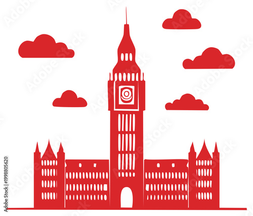 Iconic Red Silhouette of Big Ben Clock Tower and Parliament Building with Clouds