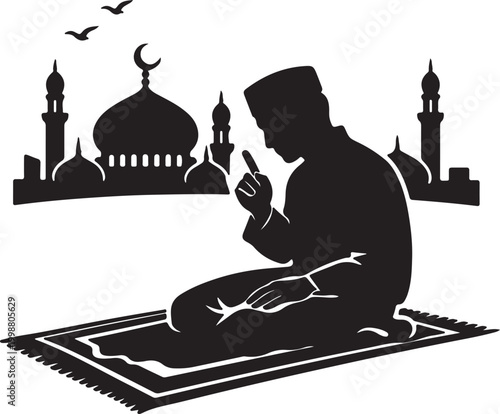 Muslim Man Sitting on Prayer Mat with Mosque Vector, Islamic Dua Ramadan Silhouette Illustration