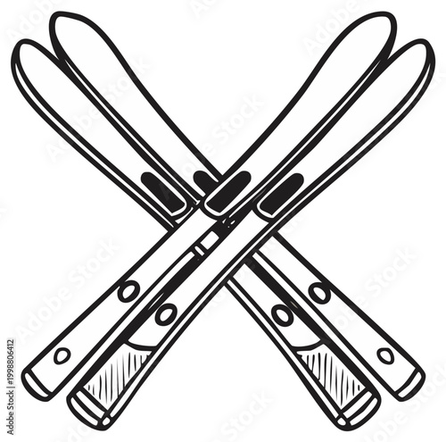 Crossed Skis Illustration Black and White Winter Sport Equipment Outline