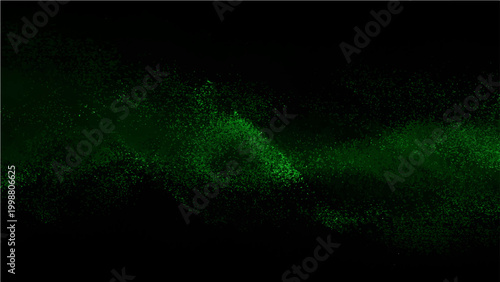 Vector Abstract fluorescent particles flow dark background, evokes sense mystery depth. Glowing green particles dance across the void. 