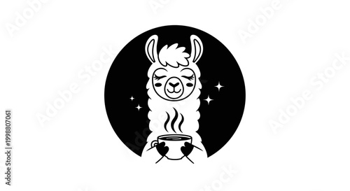 Foto Cute alpaca character drinking hot coffee minimalist flat vector art