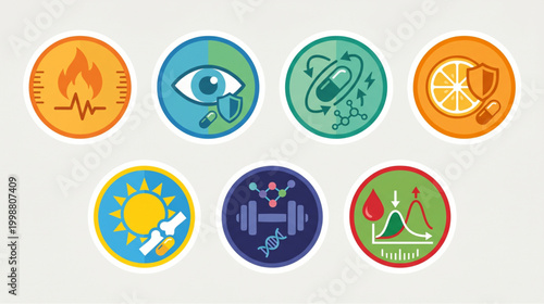 Medical Health and Vitamin Supplement Icon Set with Symbols for Metabolism, Vision, Immunity, and Bone Health