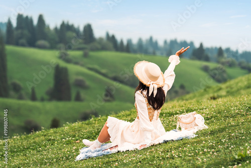 Εκτύπωση καμβά Young woman traveler relaxing and enjoying beautiful Scenery landscape with flow