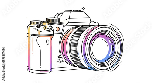 Artistic sketch of a DSLR camera with colorful watercolor accents, isolated on white