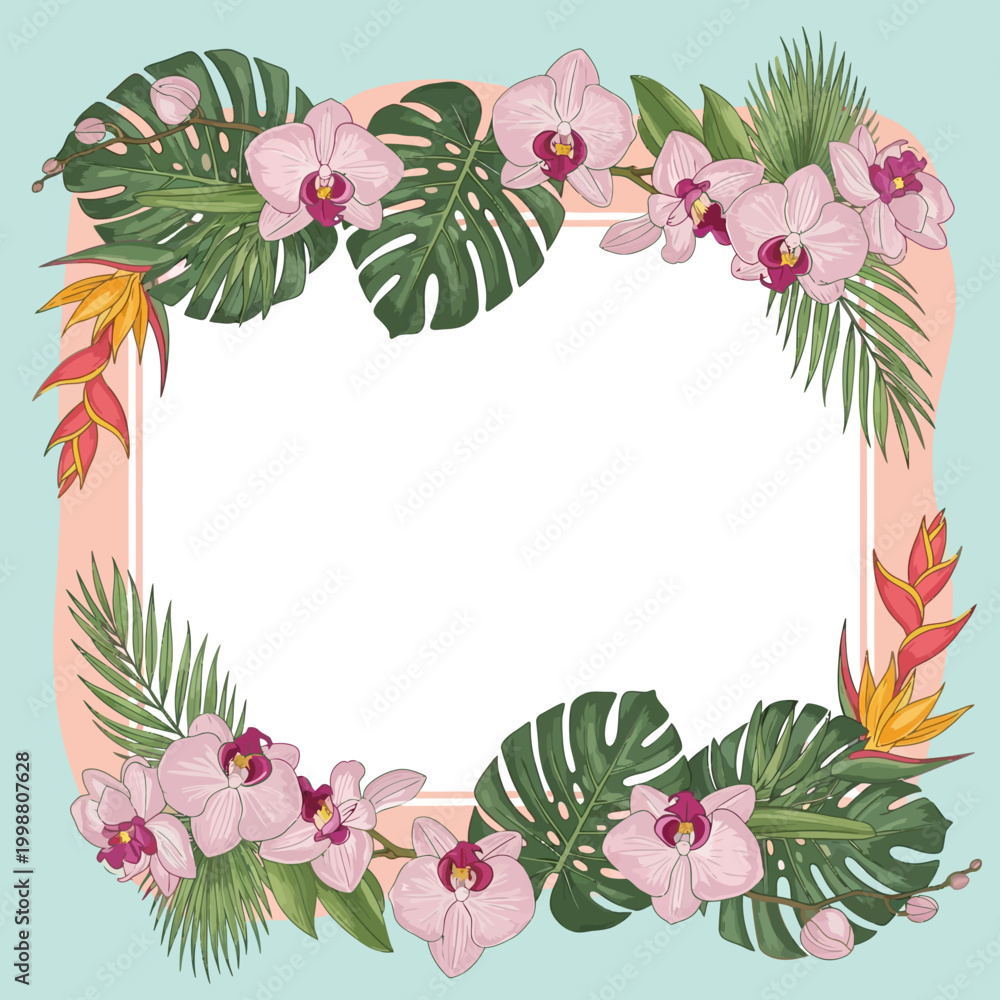 Fototapeta premium Beautiful floral frame with orchids, monstera leaves, and tropical flowers for design.