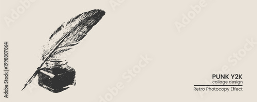 Vintage quill pen and inkwell drawing, handdrawn sketch illustration in retro photocopy style