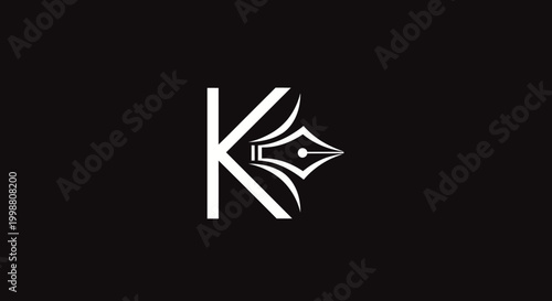 Foto Elegant letter k and pen nib logo design on black background