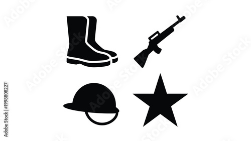 Collection of stark black vector icons representing military equipment and symbols a pair of tall boots a rifle a protective helmet and a five pointed star isolated on a clean