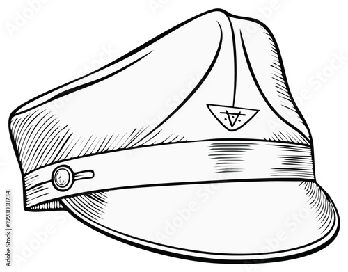 Vintage Style Uniform Cap Hat with Emblem Line Drawing
