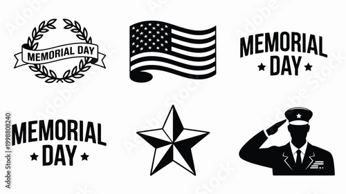 Collection of vintage style memorial day graphics featuring american flag wreath saluting soldier and star emblem for patriotic celebrations and commemorations