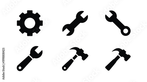 Collection of six essential workshop tools including a cogwheel two wrenches and two hammers presented as clean modern black icons on a crisp white background symbolizing repair