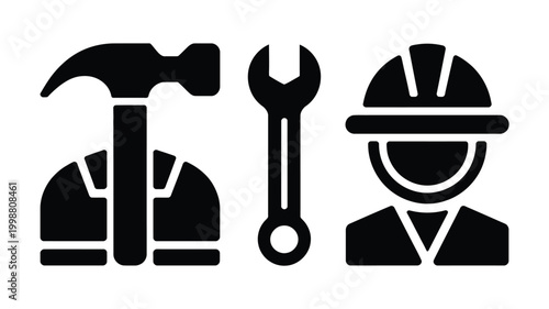Foto Collection of bold labor day icons hammer wrench and hard hat worker symbol repr