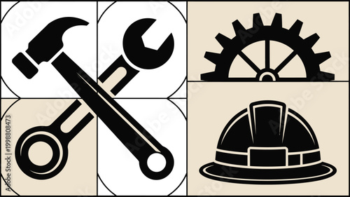 Vintage style grid featuring classic tools like a hammer and wrench crossed a cogwheel and a hard hat symbolizing industry craftsmanship engineering and manual labor