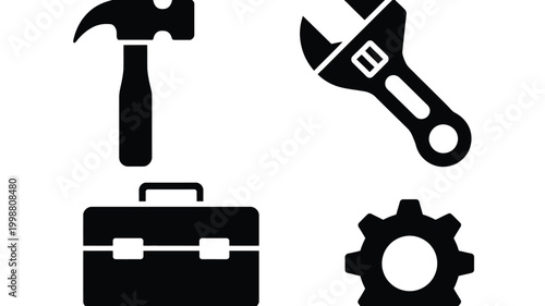 Collection of black silhouette icons representing tools and industry including a hammer adjustable wrench toolbox and gear isolated on a clean white background perfect