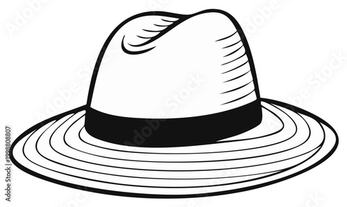 Stylish fedora hat illustration, classic headwear design in black and white, fashion accessory.