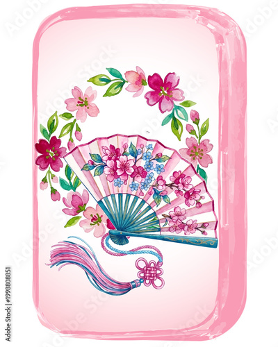 Fotografía Watercolor Chinoiserie Mahjong Tiles Collection, Oriental Traditional Game Decor