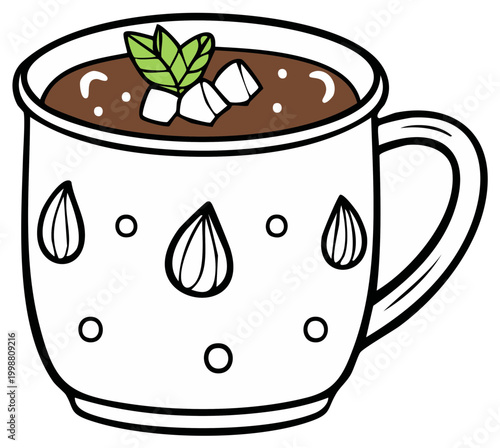 Chocolate drink in decorative mug with mint and marshmallows