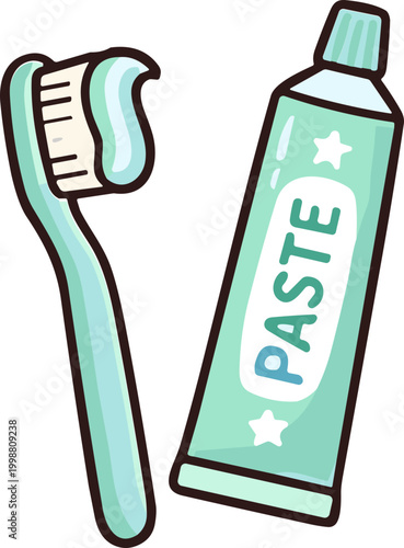 Illustration of a mint green toothbrush with toothpaste and a tube of toothpaste labeled 'PASTE', ideal for dental hygiene and oral care content