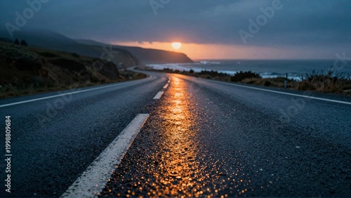 Wet Asphalt Road with Sunset Reflection on Coastal Highway