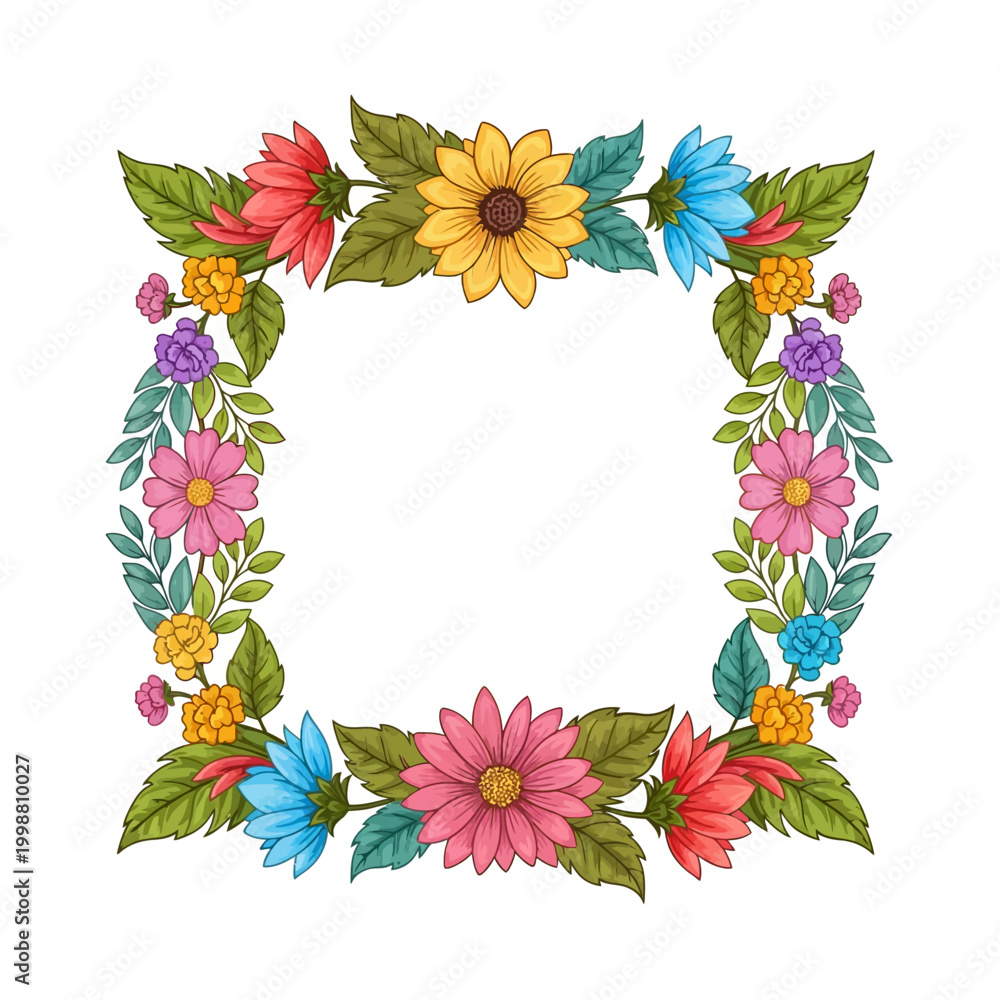 Fototapeta premium Colorful floral frame with various flowers and green leaves on white background.