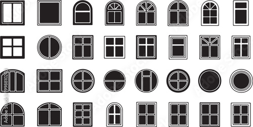 A collection of various black and white window and architectural element icons on white background. Window and architectural element icon vector illustration.