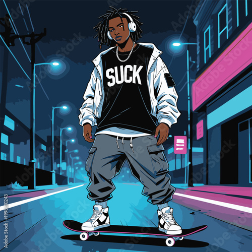 vector illustration of a young black man skateboarding