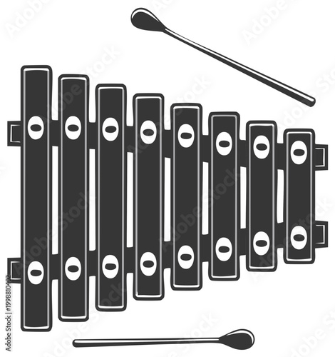 Monochrome illustration of a xylophone with mallets