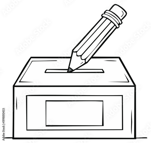 Pencil casting vote into ballot box with blank label for election or decision concept