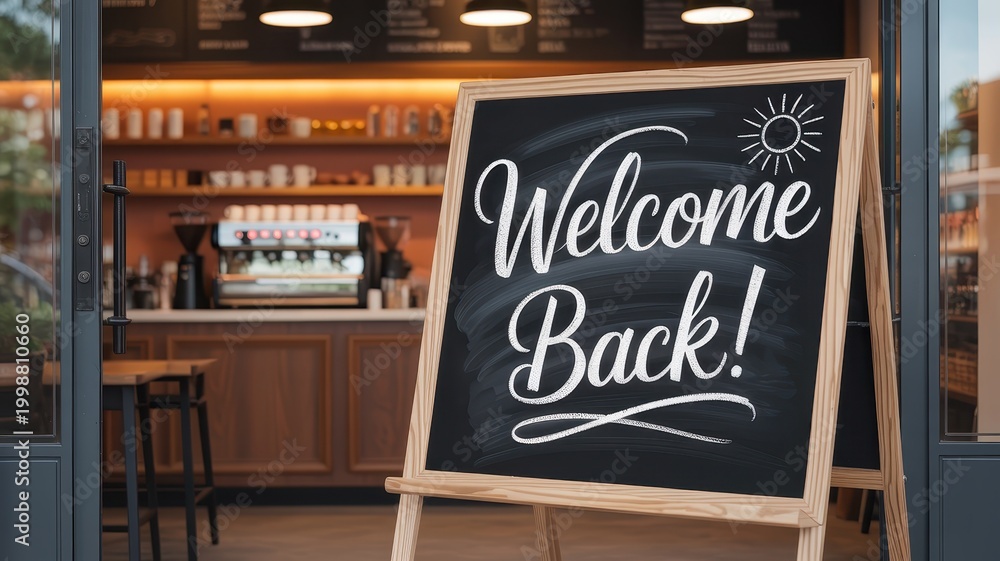 © EmonKumar - Welcome back sign on a chalkboard easel at the entrance of a cozy modern cafe or coffee shop. © EmonKumar - Welcome back sign on a chalkboard easel at the entrance of a cozy modern cafe or coffee shop.