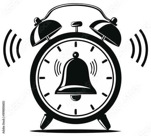 Ringing Alarm Clock Illustration Ringing Timepiece Bell Sound Wake Up Reminder Black and White