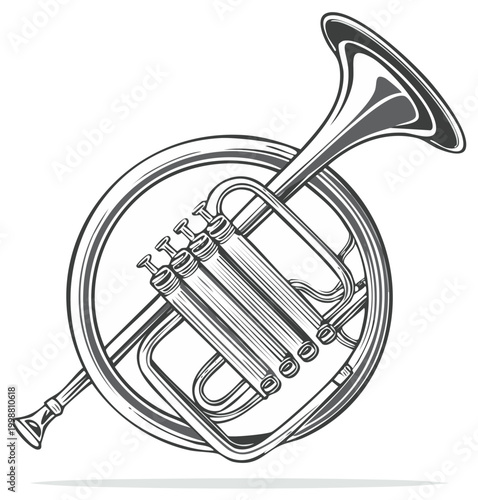 Illustration of French horn, musical instrument with detailed design