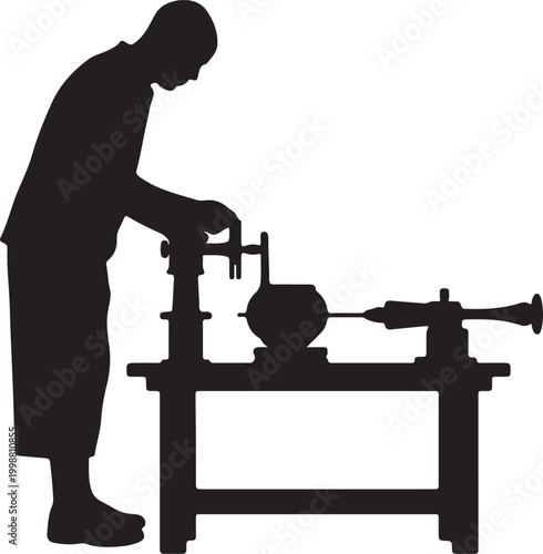 Silhouette of a Craftsman Working with a Wood Lathe at a Workbench