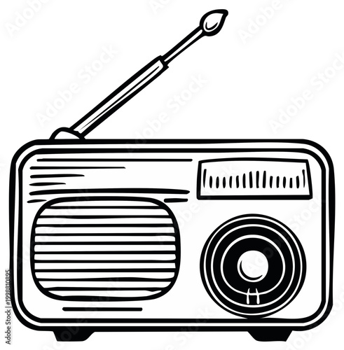 Retro portable radio with antenna illustration in black and white drawing style