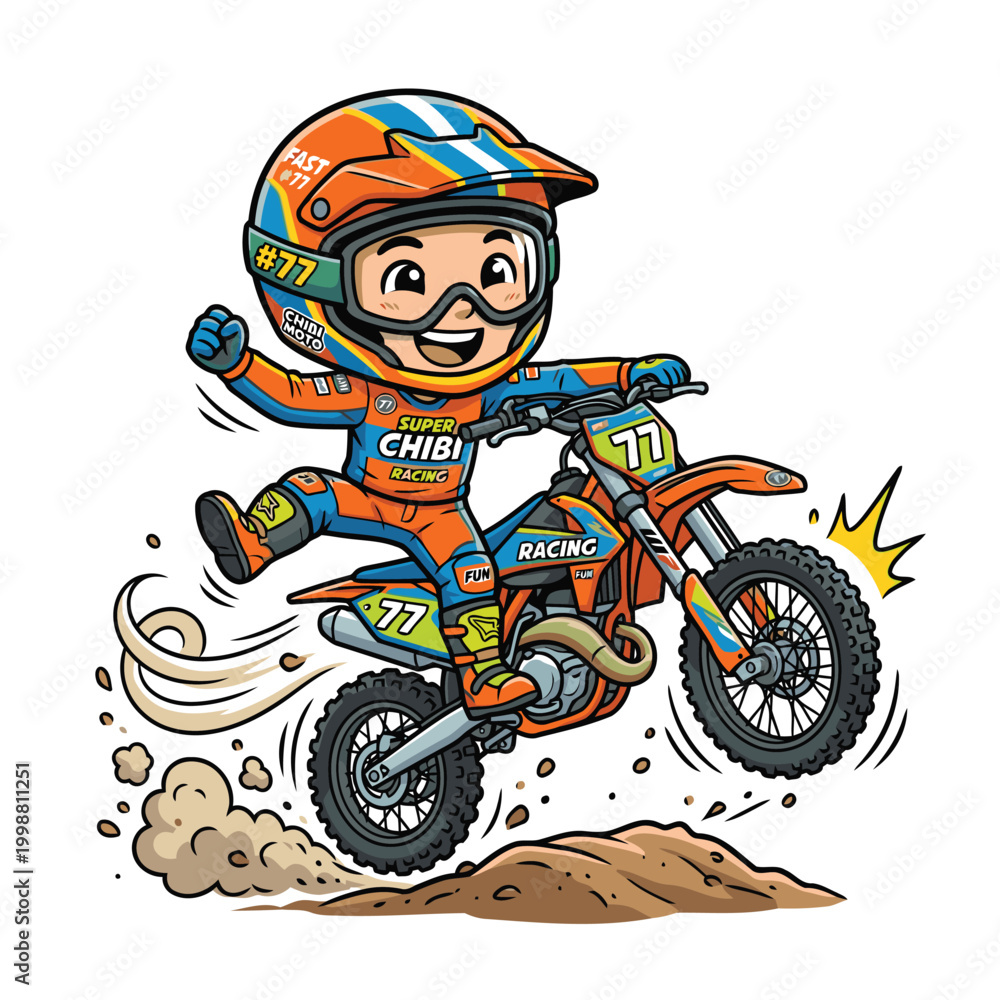 Obraz premium cute cartoon vector illustration and chibi motocross rider