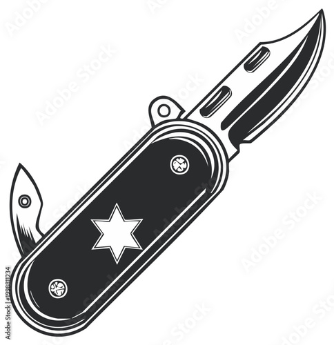 Vintage pocket knife illustration with star emblem, and additional blade element.