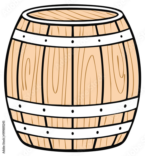 Cartoon Wooden Barrel Isolated, Construction with Metal Bands and Wood Grain Details