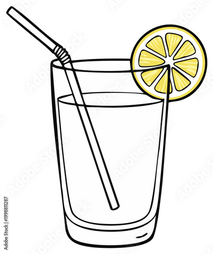 Refreshing glass of lemonade with a lemon slice and straw illustration