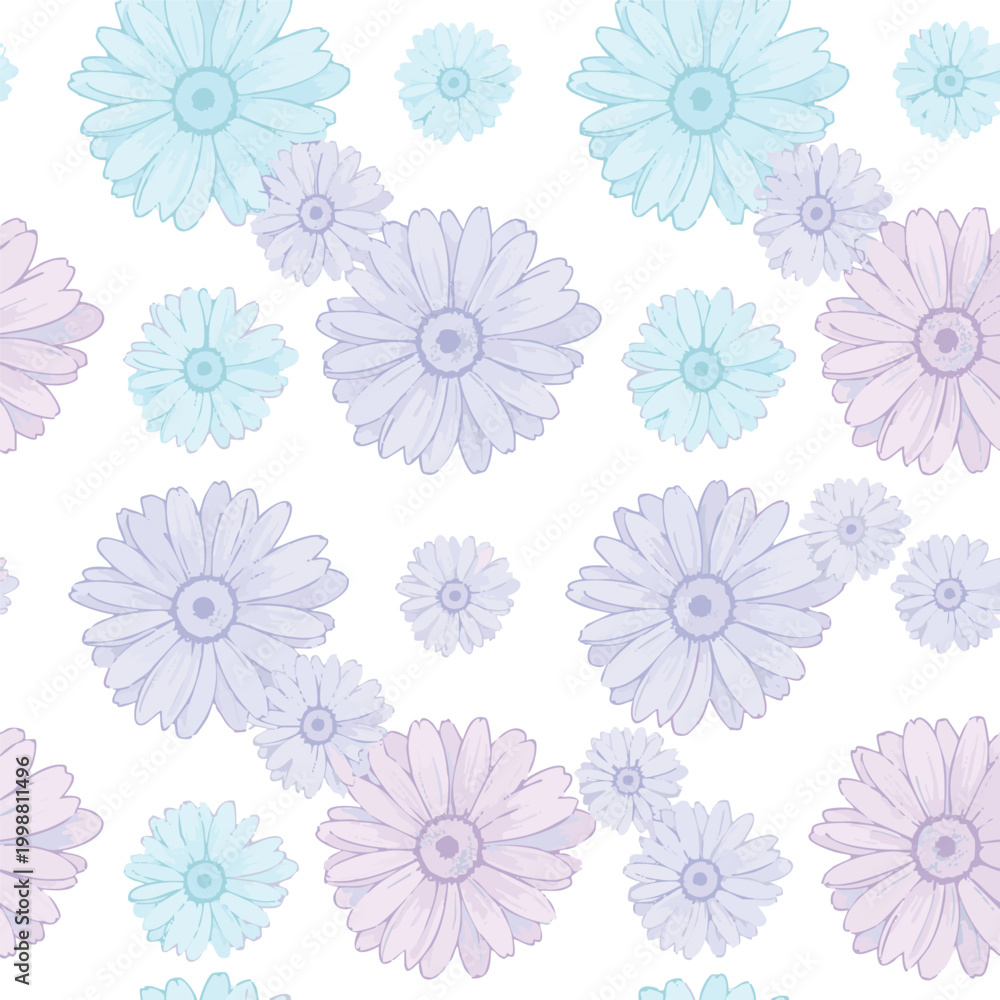 Fototapeta premium Pastel flower pattern, soft petal designs, purple blue floral motifs, seamless background
