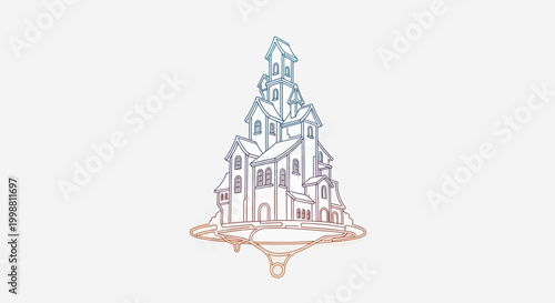 Whimsical Floating House Illustration with Gradient Outline